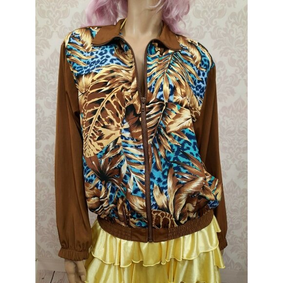Vintage 80s Womens Bomber Jacket Blue Leopard Print Brown Palm Leaves Size S M - Picture 2 of 11